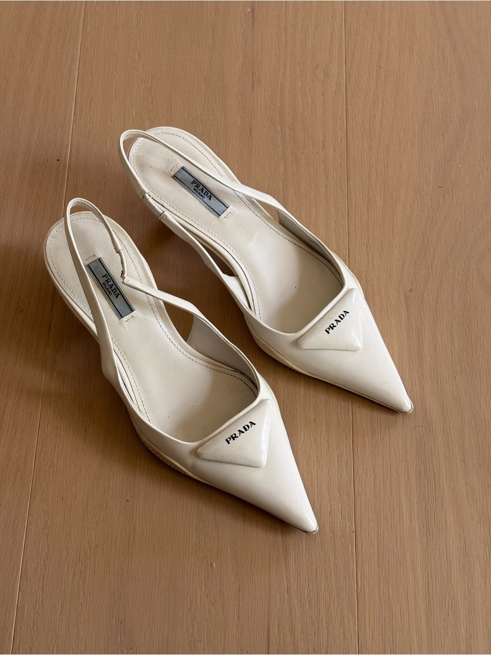 PRADA White Pointed Slingback kitten heel Pumps